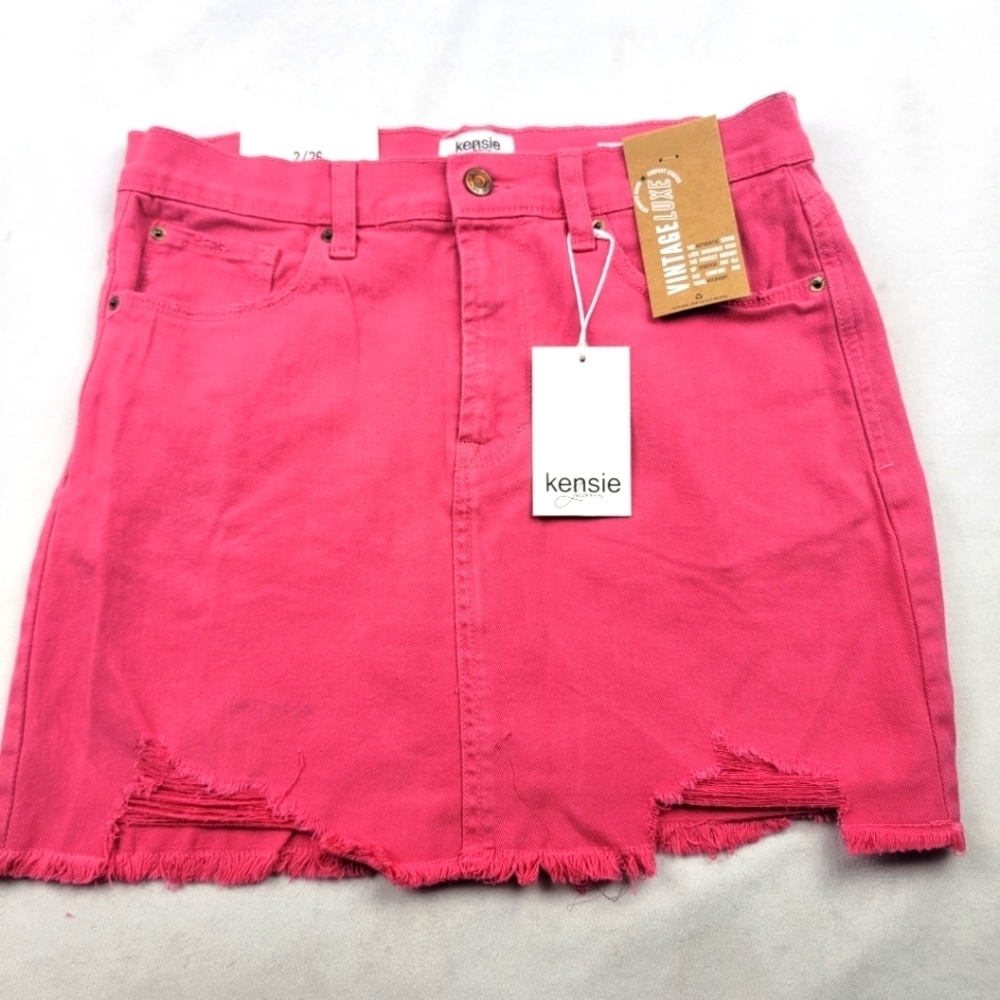 Kensie Bright Pink Distressed Denim Mini Skirt